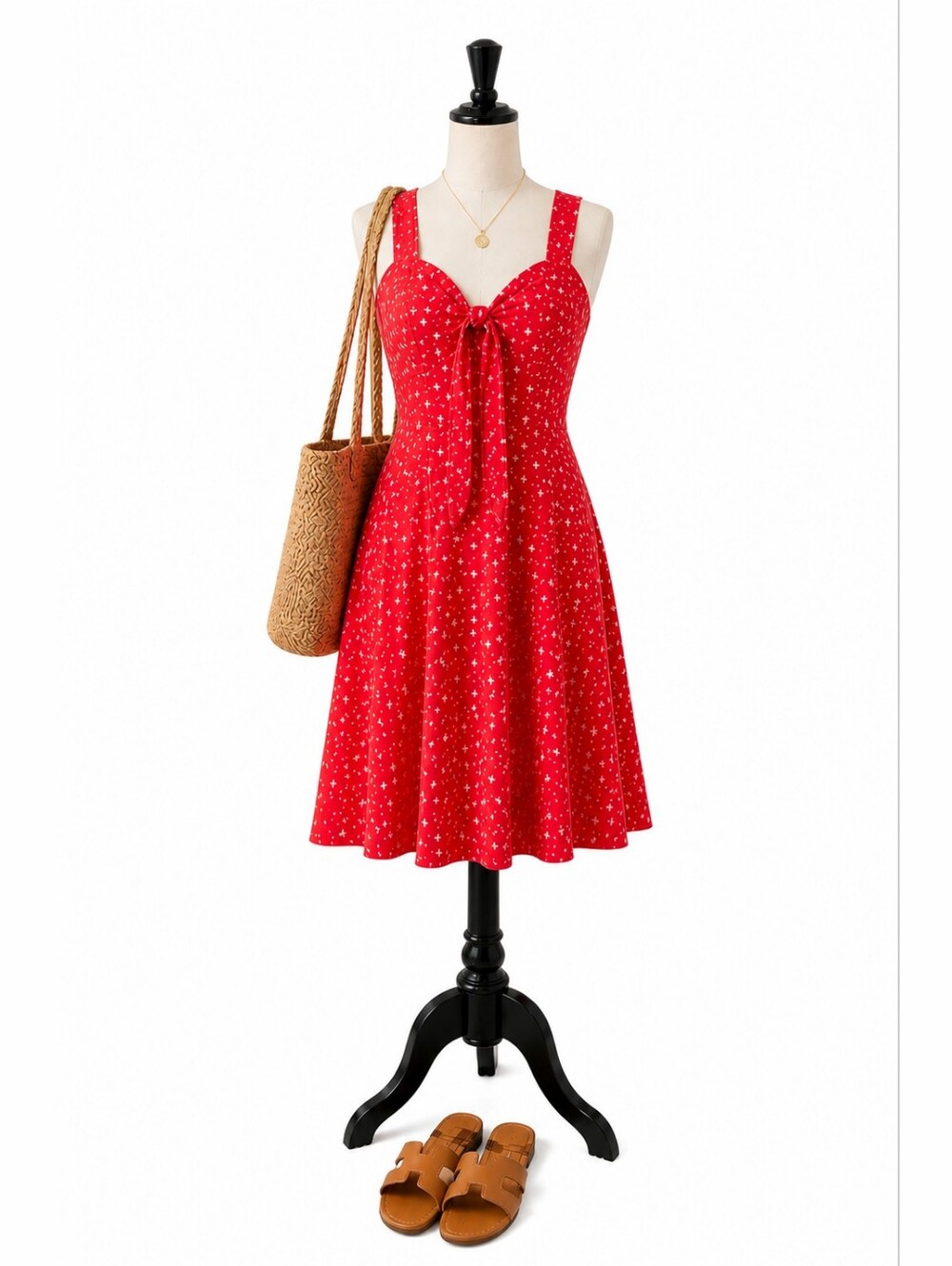 Red Star-Print Tie-Front Mini Dress